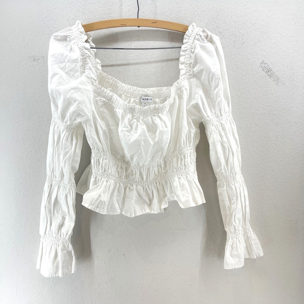 Smocked Peplum Blouse Womens XL White Bell‎ Milkmaid Wuthering Peasant Cottage